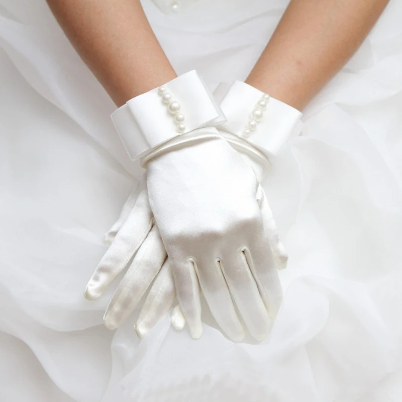 Женские короткие Полные Пальцы искусственный жемчуг бисером свадебные перчатки с бантом атласный шнур