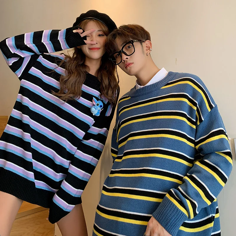 Winter Striped Sweater Men Warm Fashion Contrast Color Knitted Pullover Men Loose Knitting Sweaters Lovers Sweter Clothes M-2XL