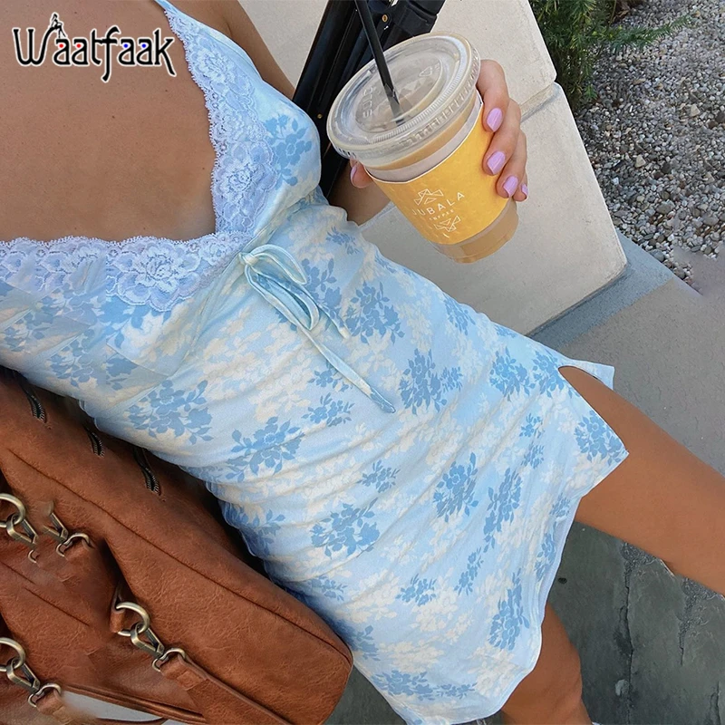 Waatfaak-Vestido corto femenino de encaje sin mangas para verano, minivestido Sexy con estampado Floral para mujer, para fiesta, vacaciones