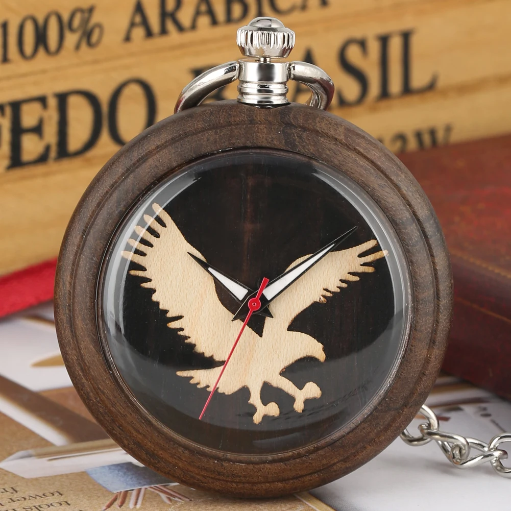 

Owl Pattern Quartz Pocket Watches for Men Dark Brown Wooden Quartz Pocket Watch Practical Detachable Rough Chain Pendant Watch