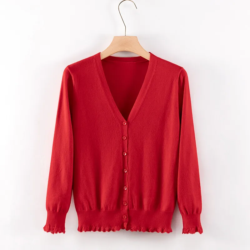 Свитер женский модный осенний кашемировый шерстяной свитер с v-образным вырезом тонкий женский кардиган с оборками свитер высокого качества R1155 - Цвет: Red
