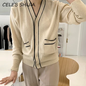 

SHIJIA Korean Chic V-neck Women Sweater wool Cardigans 2020 Autumn Knitting Open Stitch Elegant Single-breasted Female Sweater