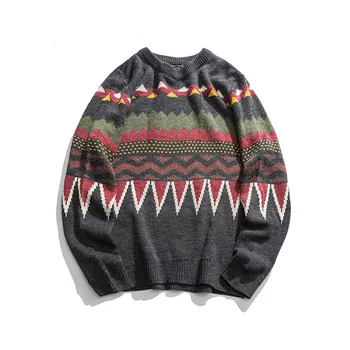 

Season Round Neck Hit Color Nation Wind Totems Knitting Unlined Upper Garment Loose Coat Loose Leisure Time Joker Sweater Male