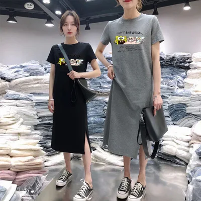 

Short-sleeve Dress Women's Casual Belly Covering Large Size Loose-Fit Mid-length over-the-Knee Base T-shirt Skirt