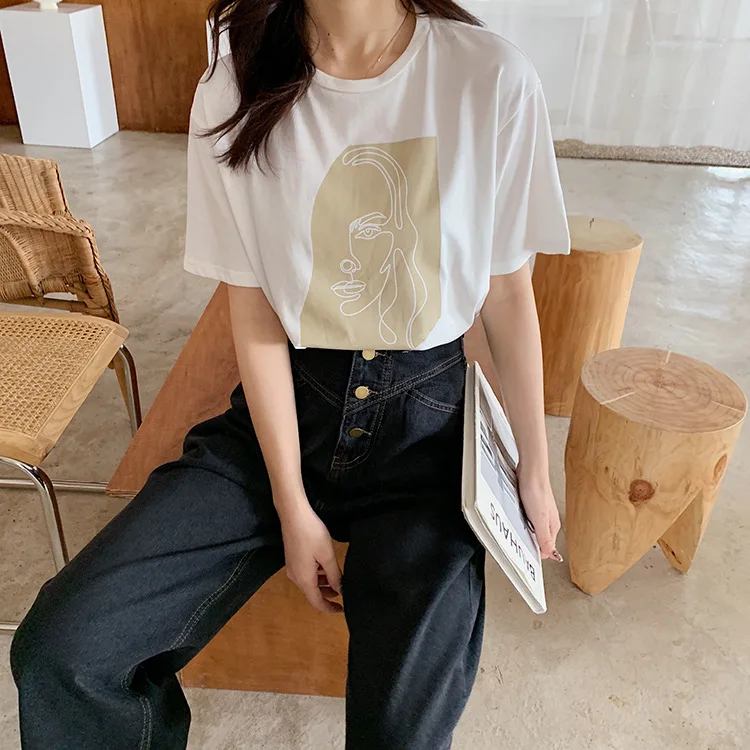 Abstract Print T-shirt Female Short Sleeve 2020 Summer New O-Neck Korean Women's Casual Tops Tees Harajuku