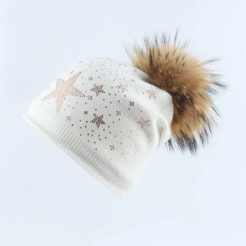 

Star Rhinestone Beanie Hat Real Fur Pom Pom Hat Soft Cashmere Wool Skullies Beanies Women Winter Hat For Girls Hat female cap