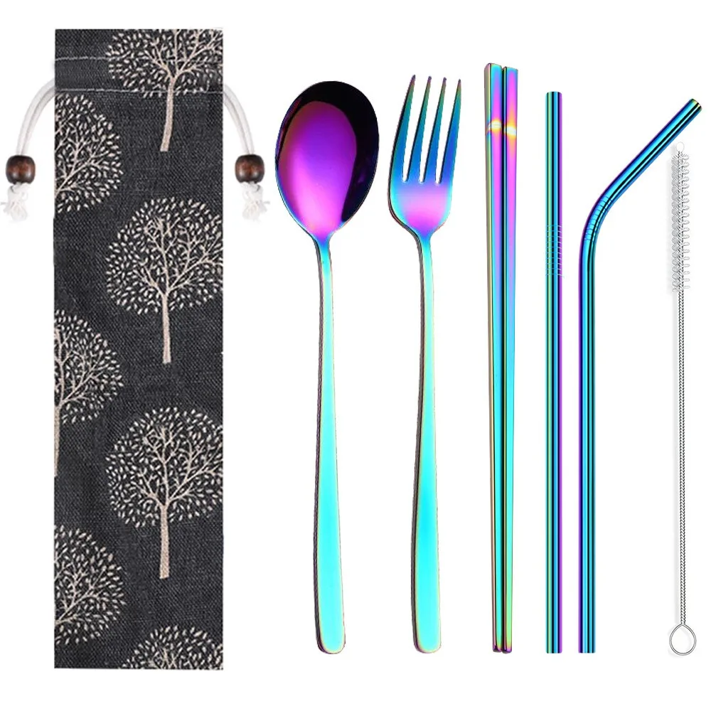 6Pc/set Creative Stainless Steel Cutlery Set Spoon Fork Chopsticks Straw Brush Color Linen Bag Set Korean Spoon Fork Straw Set