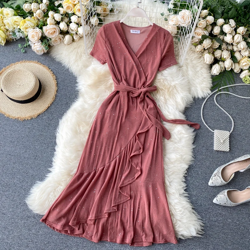 SINGRAIN Для женщин летние нерегулярные оборками платье миди отделанные блестками