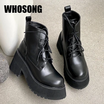 

Women Motorcycle Boots Ladies Black Thick Bottom Shoes Woman Leather Ankle Boots Female Black Brand Boots Girls Platform Botas