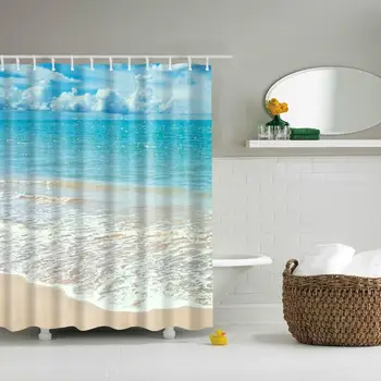 

Waterproof Thicken Polyester Shower Curtain Sunmer Sea Beach Blue Ocean Mildew Proof Bath Tub Curtain with 12 pcs Hooks
