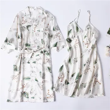 

2020 Summer New Print Kimono Gown Women Nightdress Satin 2PCS Sleep Set Nighty&Robe Suit Sexy Intimate Lingerie Home Clothes
