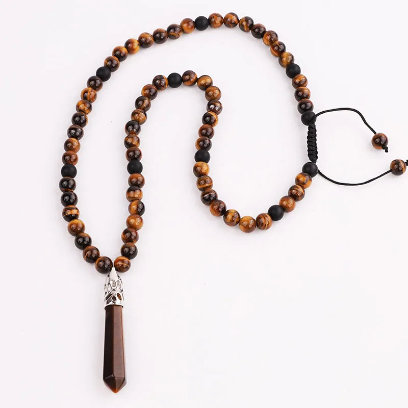 New Men Necklace Natural Stone Beads Handmade Tiger Eye Matte Onyx Stone Braided Adjustable Pendant Necklace Jewelry Gift Men