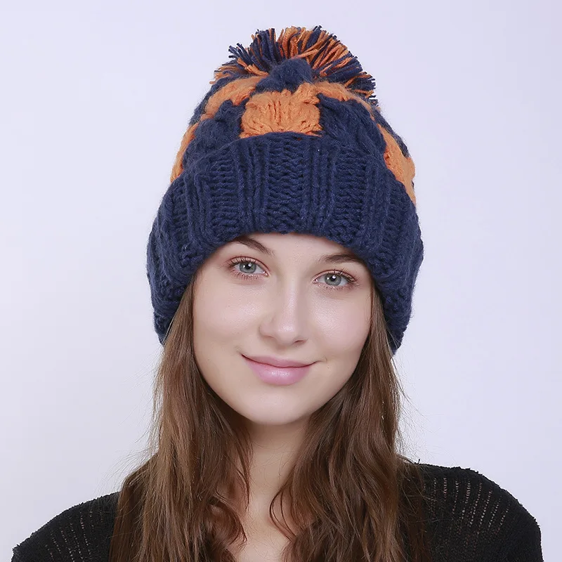 Толстые женские шапки Skullies, Зимние Женские однотонные шапки с помпоном, зимняя женская шапка, шапка для девочек, вязаные шапки, шапка