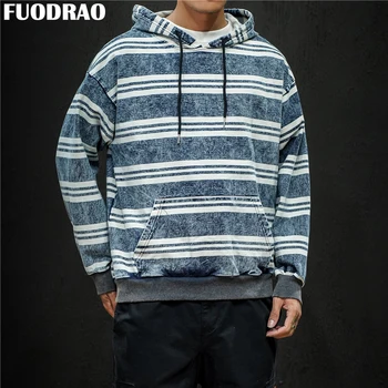 

FUODRAO Denim Hoodies Men Hip Hop Streetwear Casual Hoody Oversized Sweatshirts Japan Style Striped Men Pullover Size 5XL W233