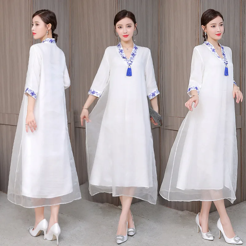Белое однотонное платье с v-образным вырезом и рукавом три четверти до середины икры в китайском стиле женское платье Hanfu