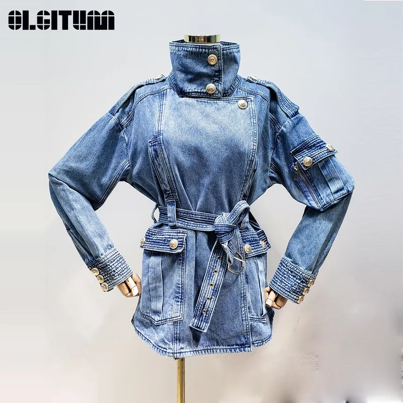 

High Collar Retro Thick Denim Jacket Women 2019 Autumn Gold Button Long Sleeve Loose Casual Feamle Coat Belt JK795
