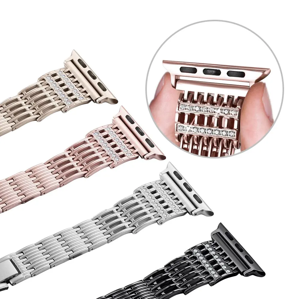

Strap for Apple Watch 4 5 Band 40mm 44mm Stainless Steel Metal Iwatch 1 2 3 Band 38mm 42mm Gemstone Bracelet Watch Accessories