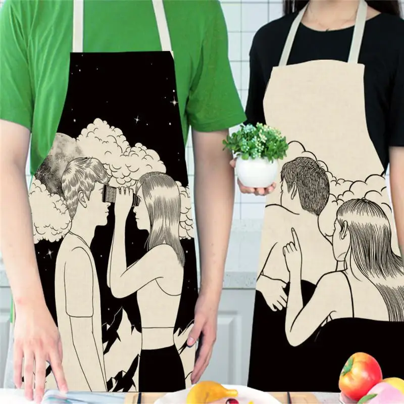 Black White Aprons Women Men Flower Cotton Linen Aprons for Kitchen Home Cooking Baking Cleaning Accessories WQ115