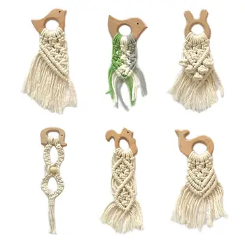

OOTDTY 1 PC Newborn Teether Wooden Ring Cotton Rope Children Room Pendant Baby Sensory Toy Baby Teether Baby Products