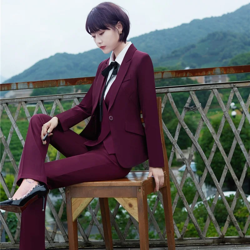 

Autumn Winter Slim OL Styles Female Blazers Suits With 3 pieces Jackets + Pants + Vest Women Pants Suits Ladies Plus Size Wine