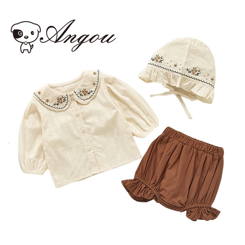 

Angou Spring Autumn Toddler Baby Girl Clothes Lapel Embroidery Top+PP Pant+Hat 3PCS Flower Long Sleeves Newborn Baby Clothing