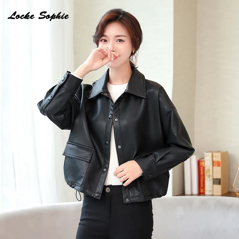 

1pcs Women's Plus size jacket coats 2020 Spring faux fur PU Leather Single breasted Small Jacket ladies loose locomotive coats