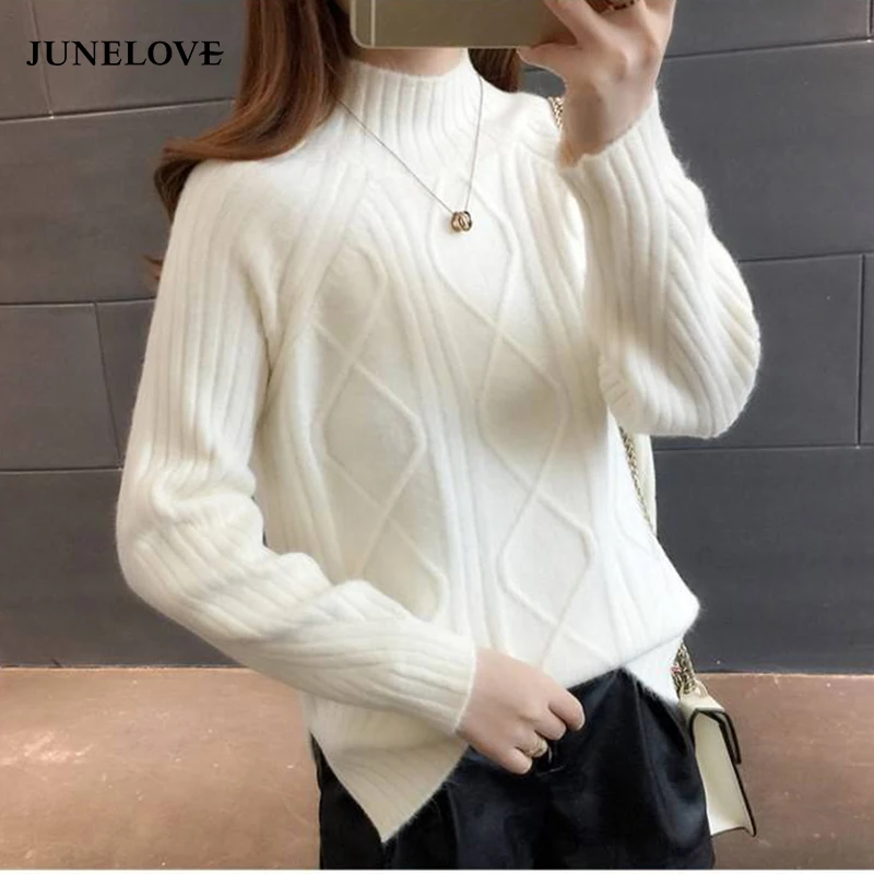 JuneLove Autumn Loose Sweaters Vintage Women Fashion Sweater Ladies Casual Knitted Pullover Female Elegant Turtleneck | Женская одежда