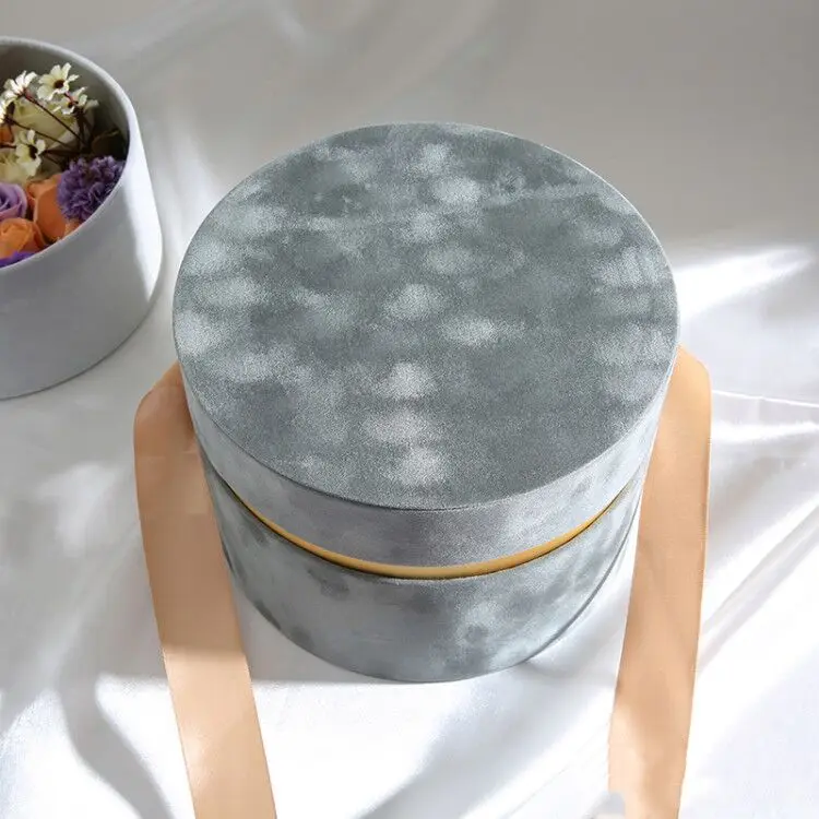 Round Velvet Flower Hat Box with Bowknot and Lid Luxury Gift