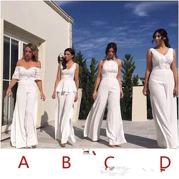 

V Neck Lace JumpSuit Long Bridesmaid Dresses 2019 Off The Shoulder Split Floor Length Long Maid of honor Wedding Guest Evening