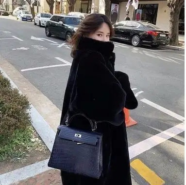 Новое Осеннее и зимнее корейское пальто из искусственного меха норки, Женское пальто из норки средней длины - Цвет: Черный