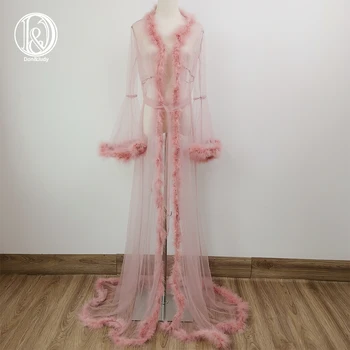 

Don&Judy Feather Tulle Maternity Dresses Party Evening Robe Dress Sexy See Through Long Sleeve Prom Dress Gown Women Costume