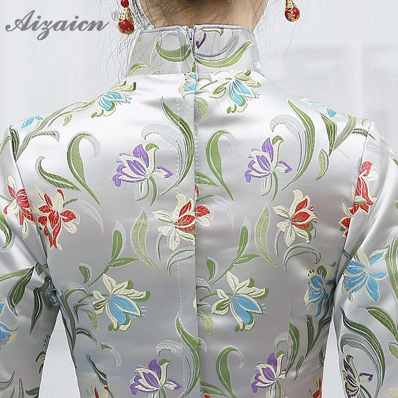 Серый атлас Cheongsam современный Chinoise платье подружки невесты Qipao длинное Qi Pao Женская Китайская традиционная одежда Винтаж свадебное платье