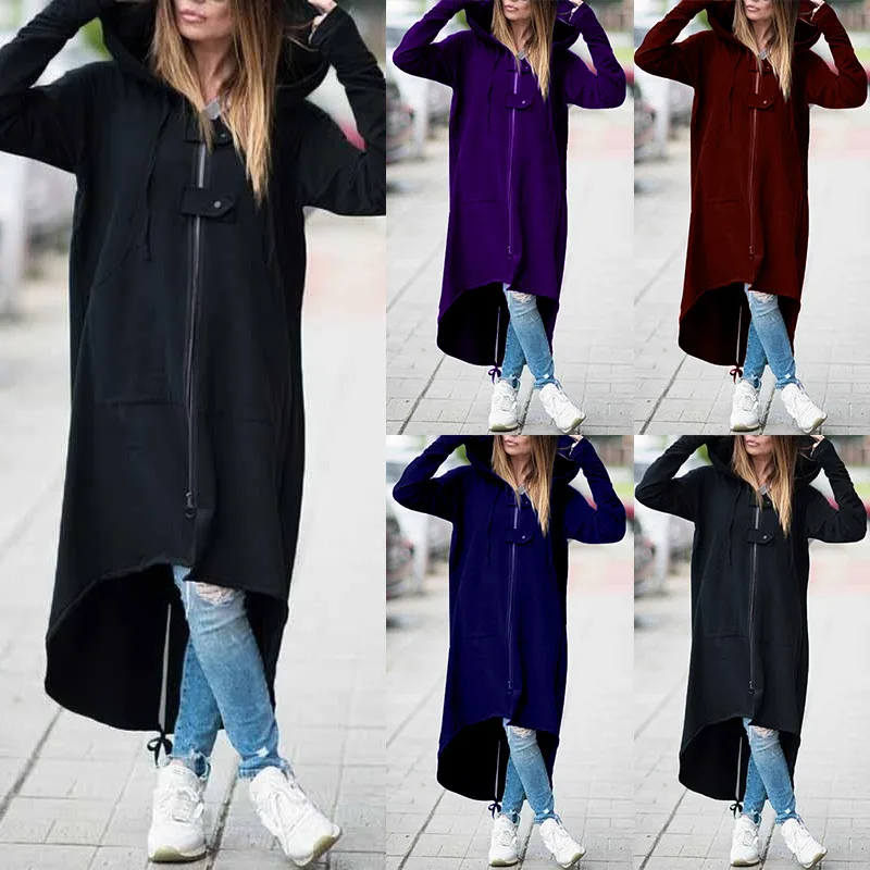 

2020 Women Spring Autumn Winter Warm Long Sleeve Hooded Zipper High Low Fashion Long Trench Coat Plus Sizie