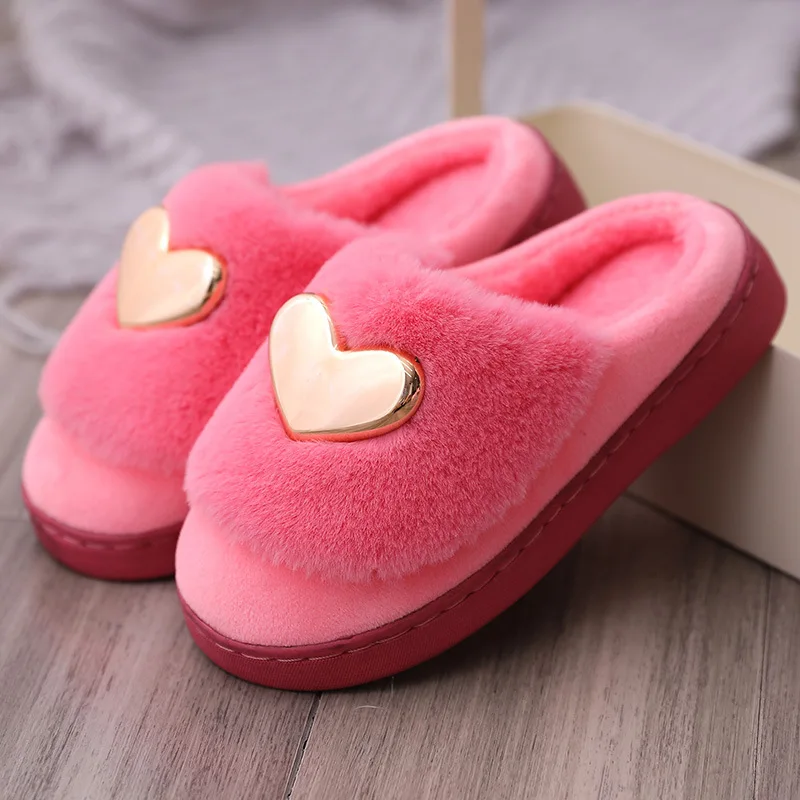 

Winter Slippers Home Cotton Shoes Woman Indoor Heart Pattern Ladies Plush Slippers Non-slip Floor Slippers Women Shoes
