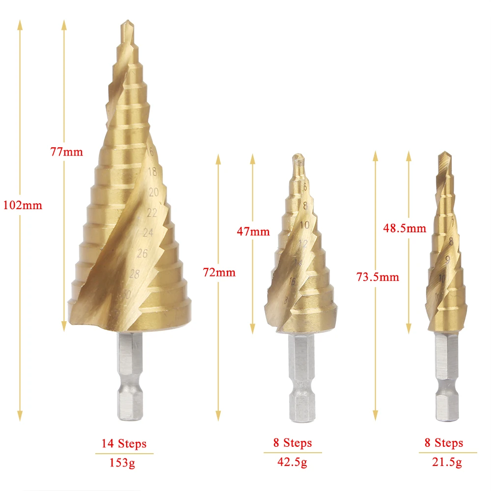 3 шт. HSS с титановым покрытием спиральные рифленые Шаг Сверла Набор Unibit Сверла Набор для листового металла с алюминиевым корпусом, несколько отверстий ступенчатые биты для любителей DIY