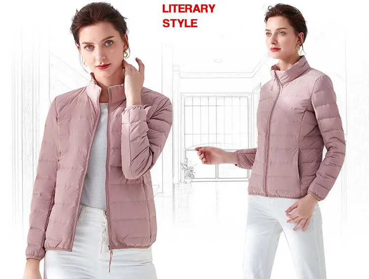 Fall Winter Women Warm Jacket Duck Down Filler Fashion Female Bomber Short Coat Slim Cropped Jacket Stand Collar Grey Black