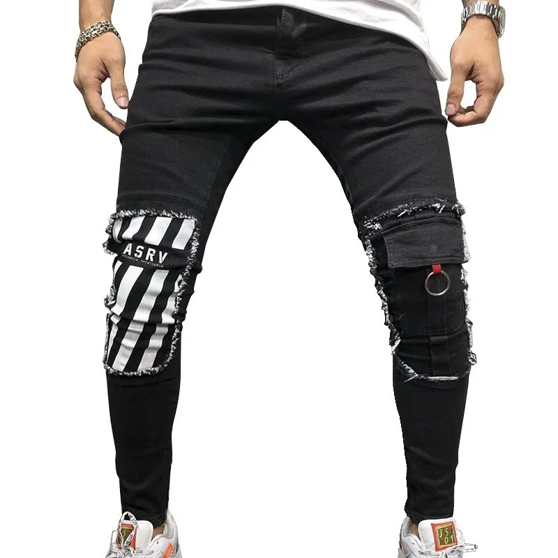 

ASRV Men Stretchy Ripped Skinny Biker Embroidery Print Jeans Destroyed Hole Taped Slim Fit Denim Scratched High Quality Jean