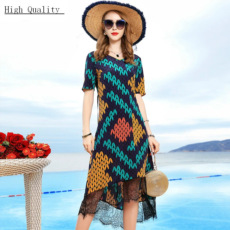 

Summer Beach Dress Women 100% Real Silk Dress Elegant Floral Print Long Dresses Casual Lace Party Vestidos Verano LWL1827