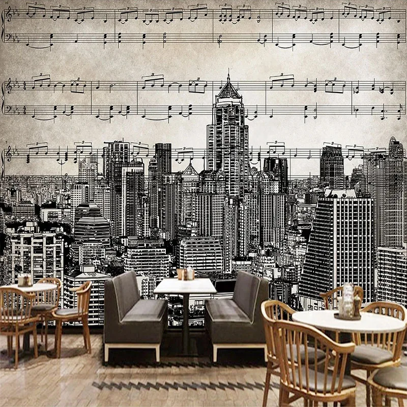 Custom Mural Wallpaper Retro Nostalgic 3D Hand Drawn Stave City Decorative Paintings Restaurant Cafe Background Papel De Parede