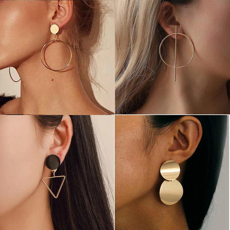 

New Fashion Round Dangle Drop Korean Earrings For Women Geometric Round Heart Gold Color Earring Wedding Jewelry