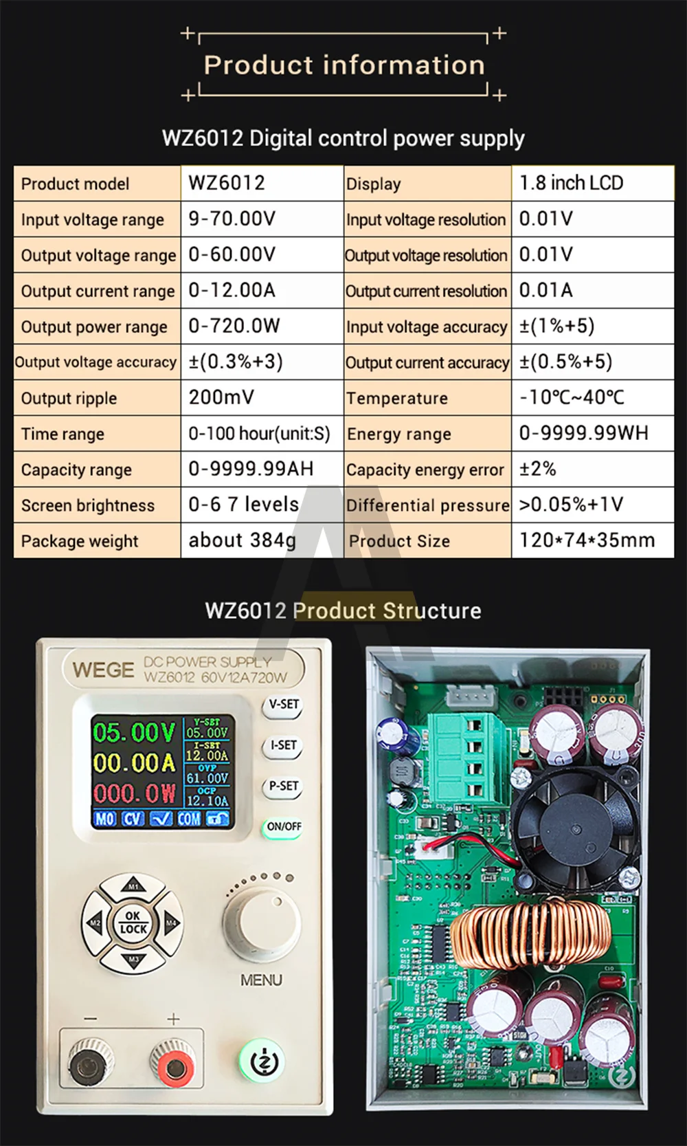 DC-DC buck conversor 0-70v 12a módulo de