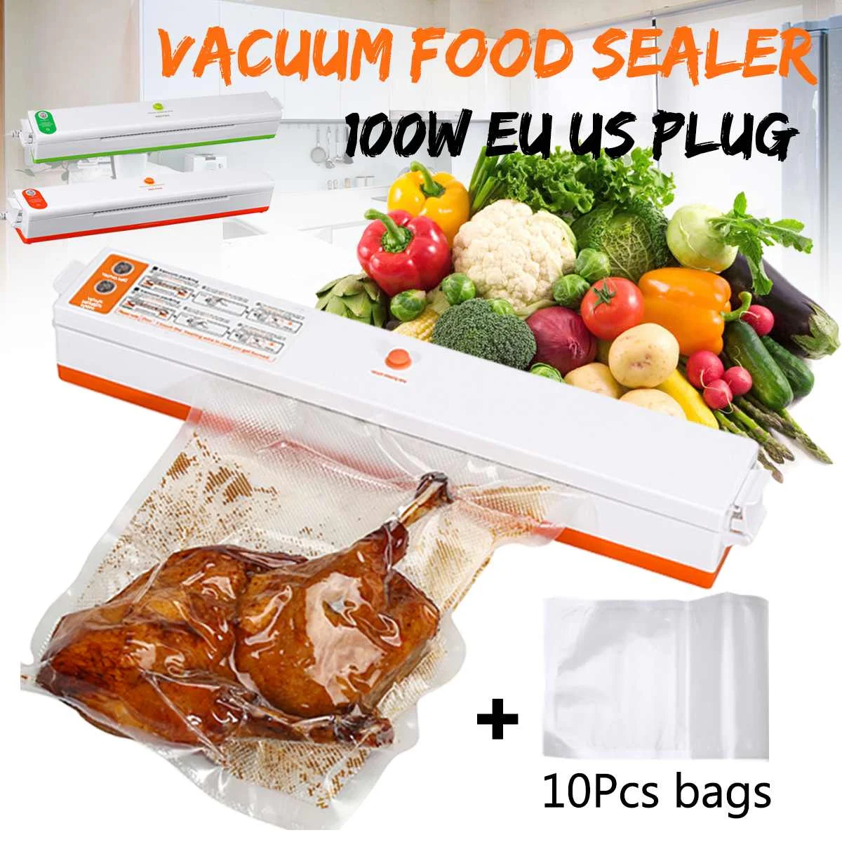 

Green 200V Household Food Vacuum Sealer Packaging Auto Machine Film Sealer Vacuum Packer Including with 10Pcs Bags EU/US Plugs