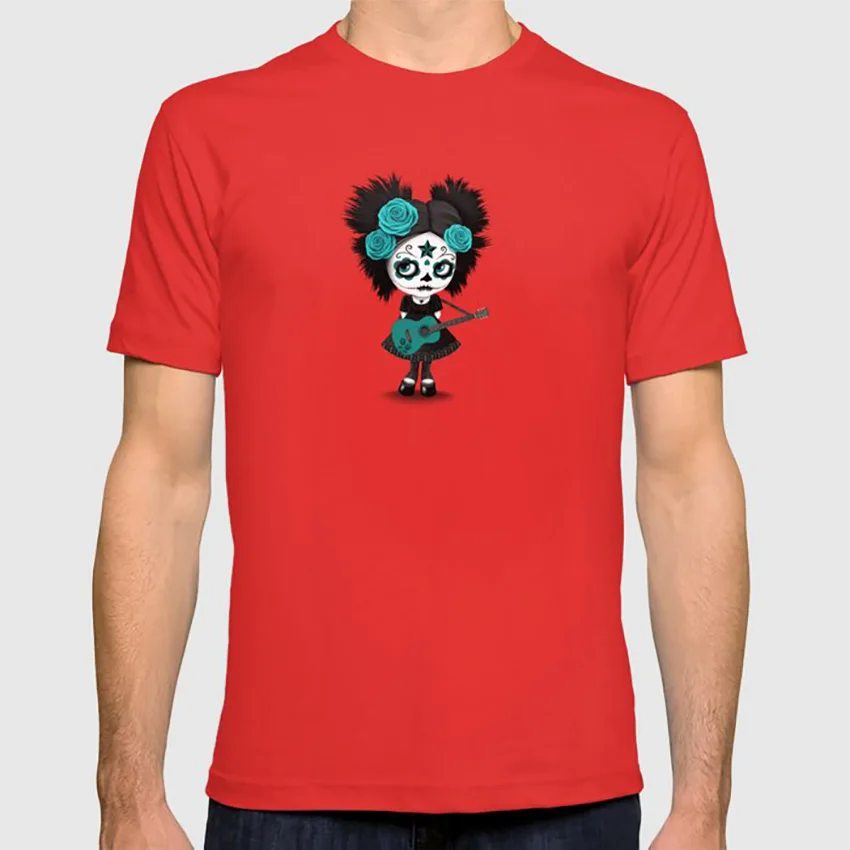 Teal Blue Big Eyes Sugar Skull девушка играющая на гитаре футболка сахарный череп день мертвых гитара девушка гитара Акустическая гитара