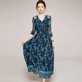 

100% Natural Silk Summer Dresses Beach Style Elegant V-neck Three Quarter Sleeve High-waist Real Silk Women Print Long Dress