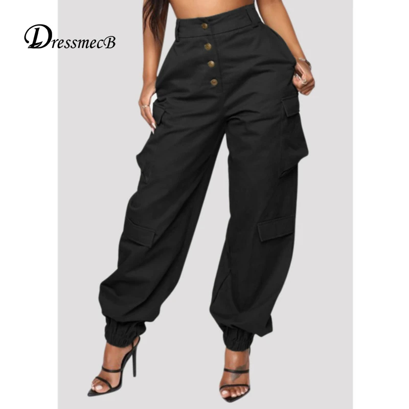 Dressmecb Solid Black Casual Trouser Women Pockets HIgh Waist Button Long Pencil Pants Autumn Streetwear Loose Cargo Pants 2021 cargo pants