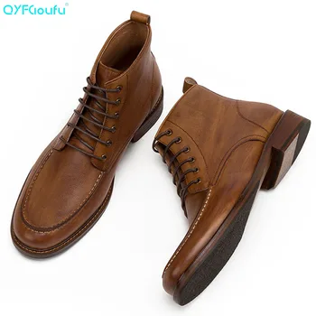 

QYFCIOUFU Genuine Leather Men Boots Lace-up Round Toe Luxury Fashion Classic Business Office Formal Ankle Boots Shoes Retro