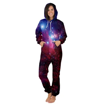 

Christmas Set Romper Jumpsuit Women Men Purple evening Space Galaxy Print Sleepwear Nightwear Hooded Zipper Outfits Matching
