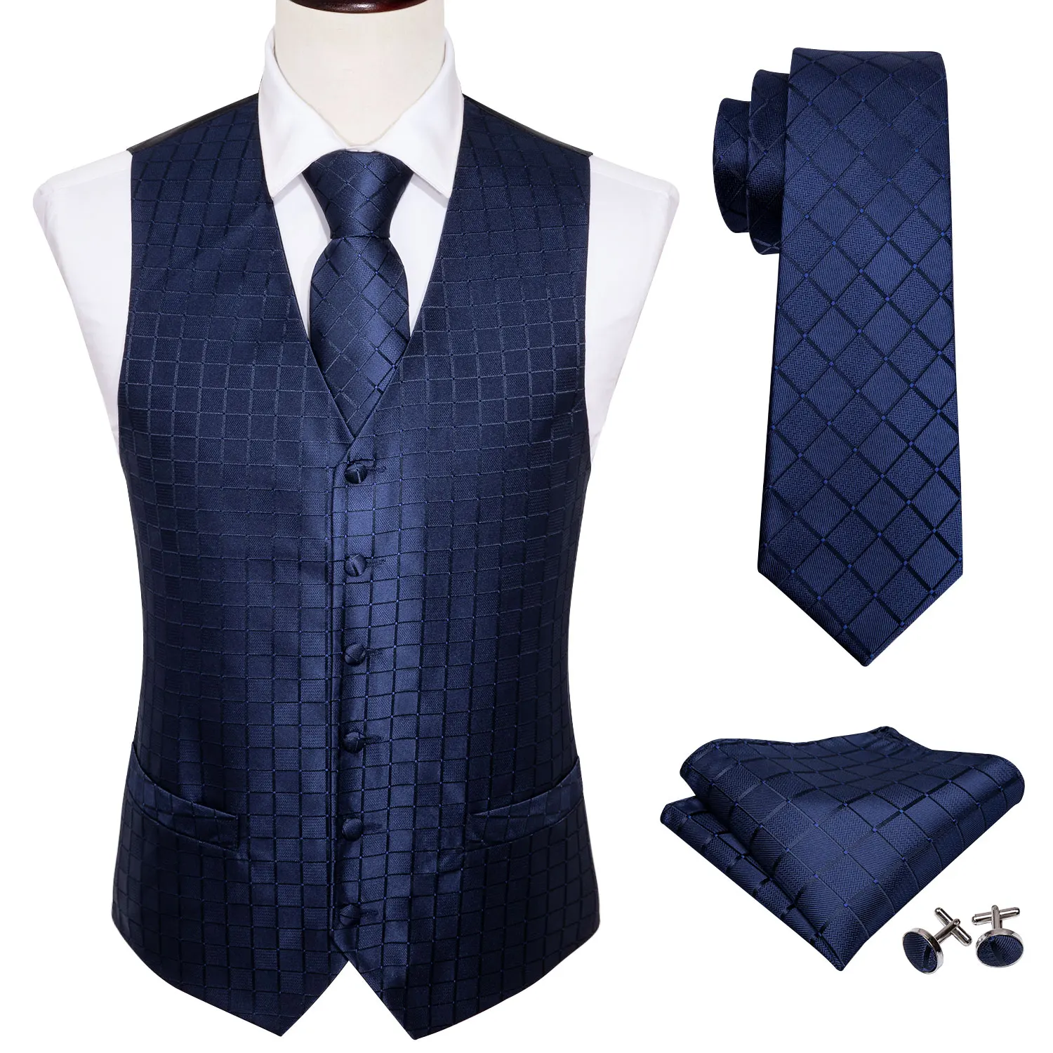 Синий жилет для мужчин облегающий костюм жилет клетчатый жилет Шелковый клетчатый галстук набор платок запонки галстук для бизнеса Барри. Ван