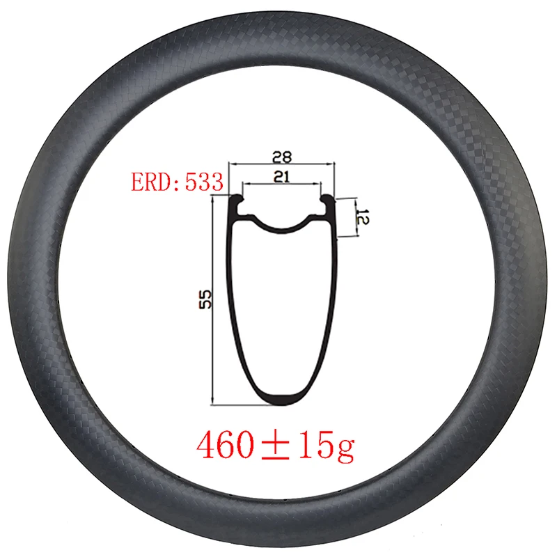 460g 700c 55mmx28mm Disc Brake Carbon Rim Clincher Tubeless Wide 28mm