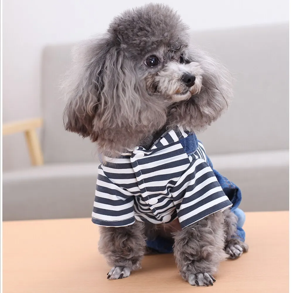 Джинсовая куртка для питомца собаки, кофты с капюшоном, одежда с полосатой шляпой, маленькая плюшевая собака, кошка, флисовое пальто для щенка, одежда